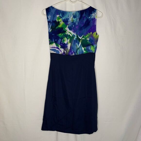 Polin Dress Career Floral Twist Neck Navy Slit 38 Asymmetrical Sleeveless - Picture 6 of 8
